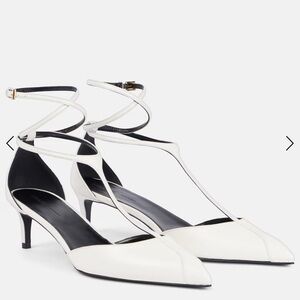 KHAITE Mia 45 White leather pumps Kitten Heel Pointed Toe T Strap 9.5US New 39.5